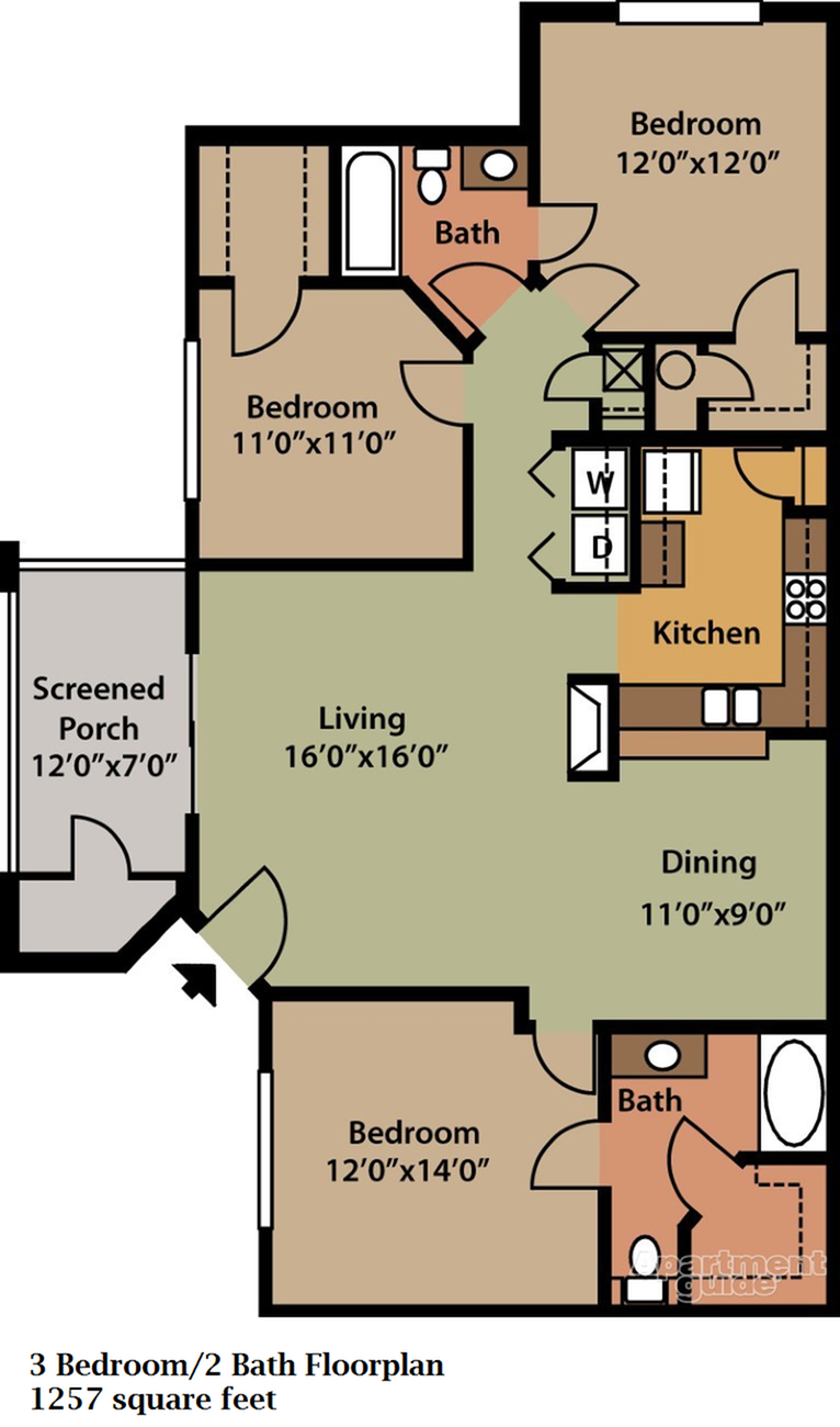 Floor plan for 3 beds, 2 baths, 1257 sqft